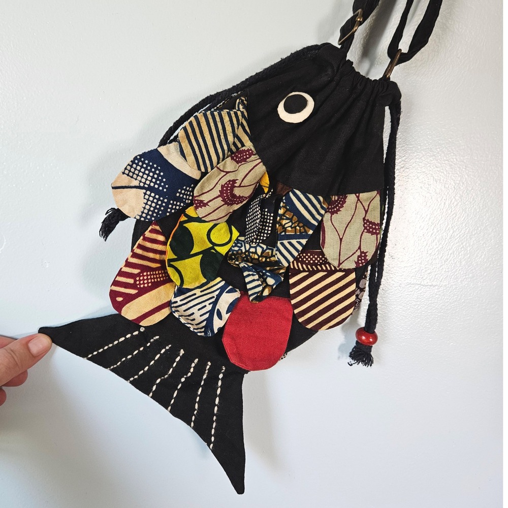 For Nine Vtg 90s Patchwork Fish Drawstring Crossbody Bag Black Patterned Scales